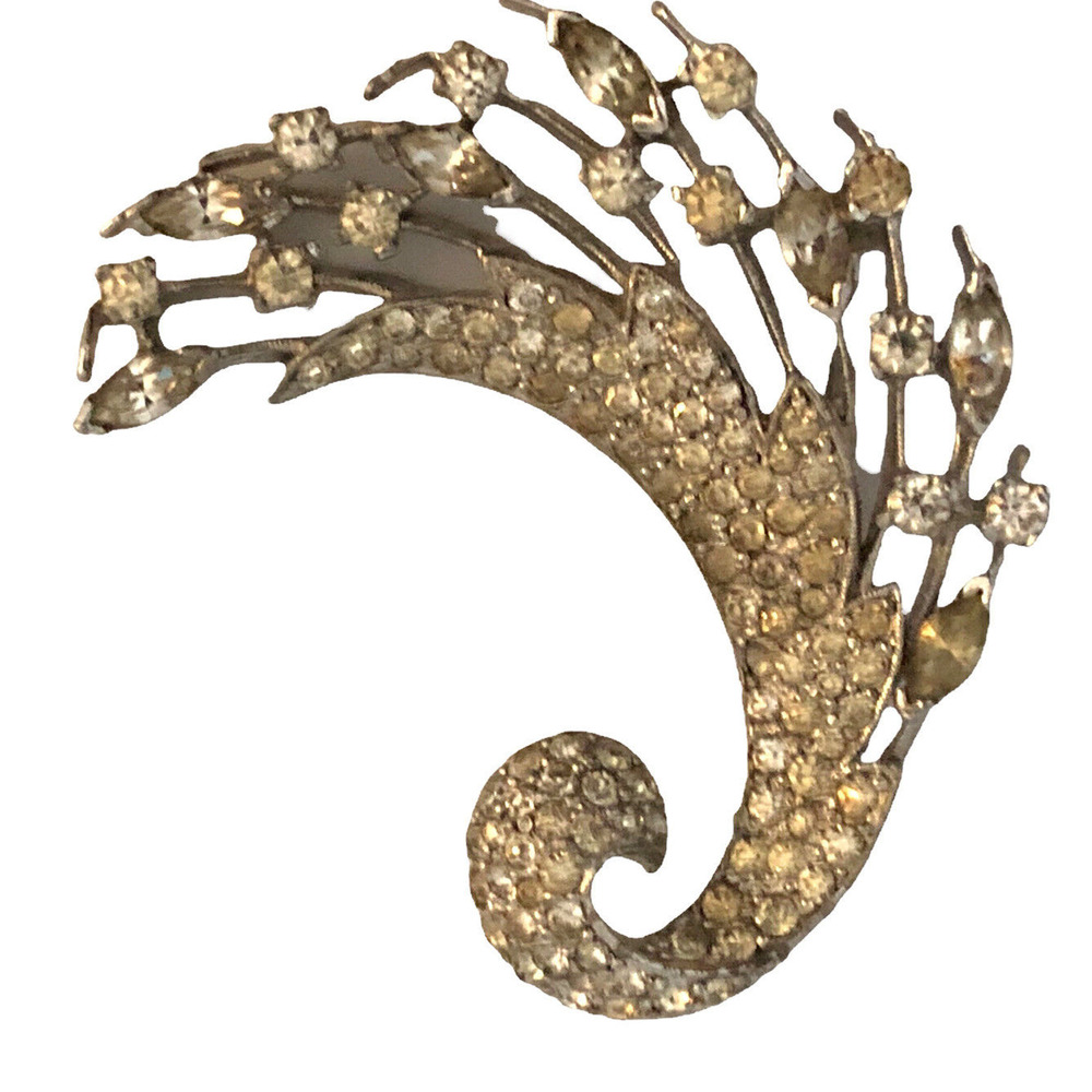 Spectacular Silver‎ Tone Brooch Signed Panetta Pavé Crystal Art Nouveau Pin